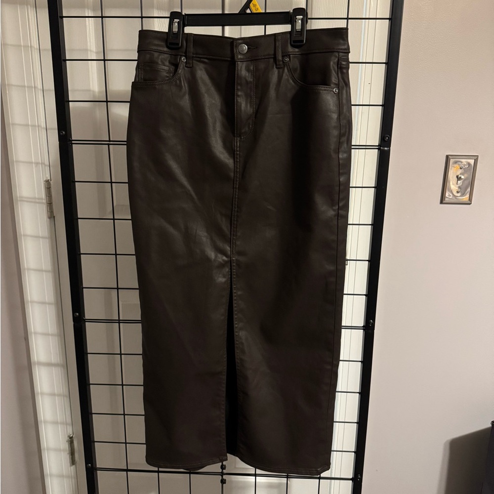 Brown Faux Leather Midi Skirt
